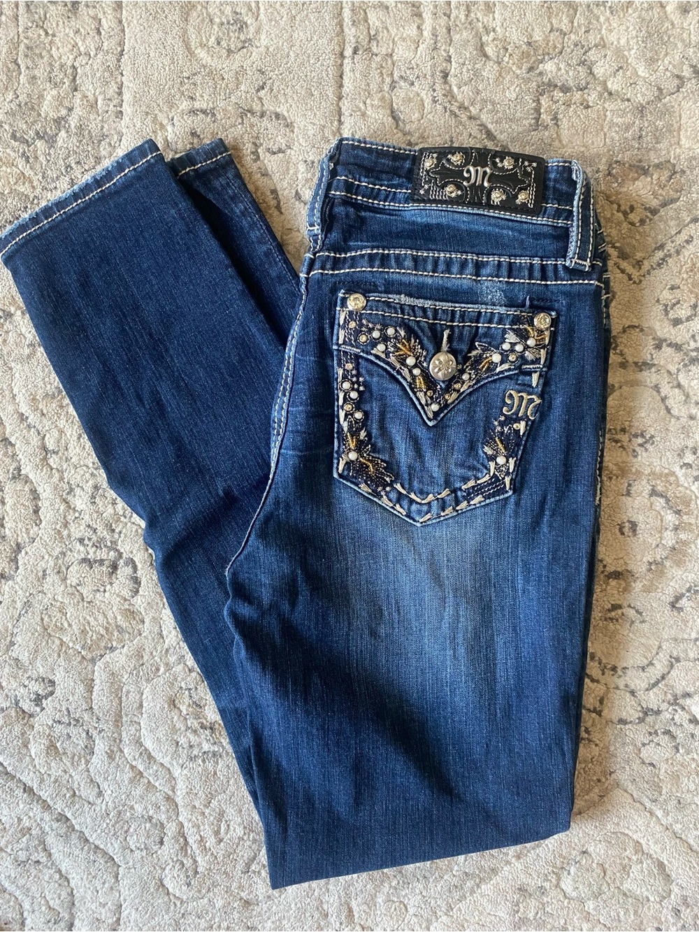 Miss Me Dark Blue Embellished Hailey Skinny Jeans. Size 29. Inseam 30.